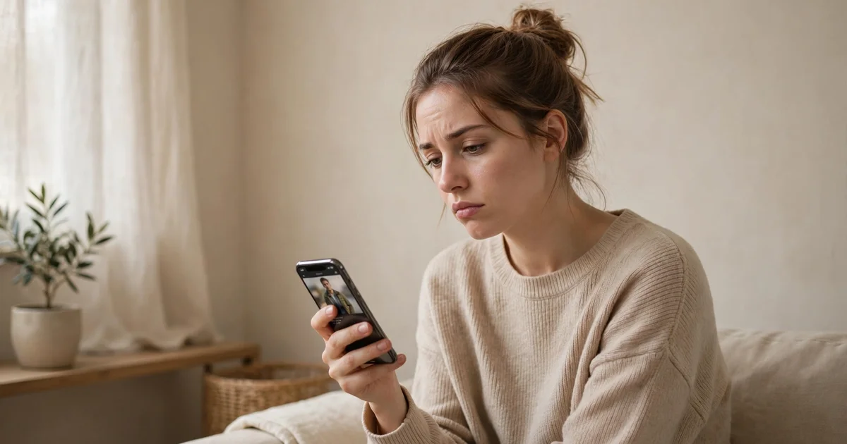 A person scrolling a dull dating profile on a phone in a plain beige-colored room, looking unimpressed, soft daylight, photorealistic style.