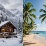 A split landscape showing a cozy cabin in snowy mountains on one side and a sunny beach with palm trees on the other, photorealistic style.