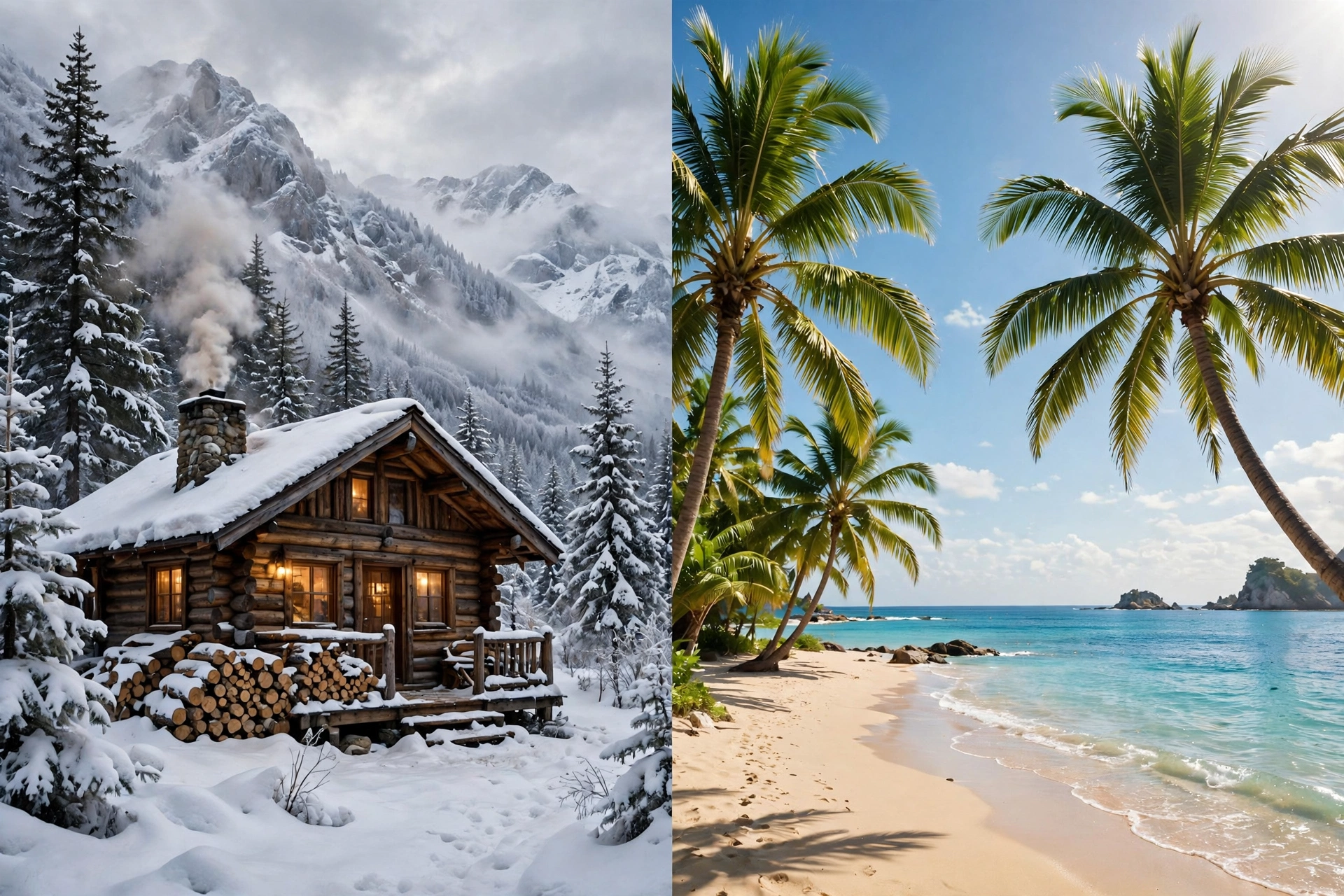 A split landscape showing a cozy cabin in snowy mountains on one side and a sunny beach with palm trees on the other, photorealistic style.
