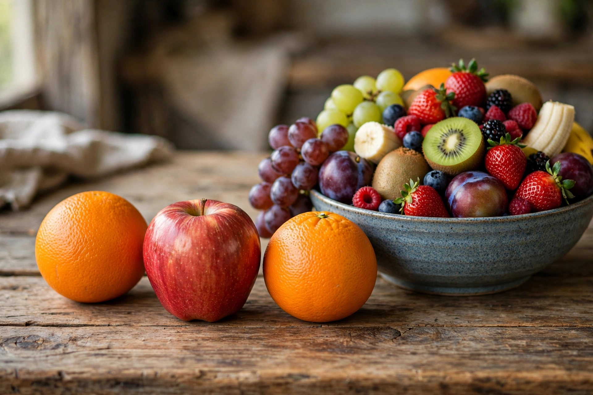 A single apple placed between two oranges on a wooden table, beside a bowl crowded with many mixed fruits, photorealistic style.