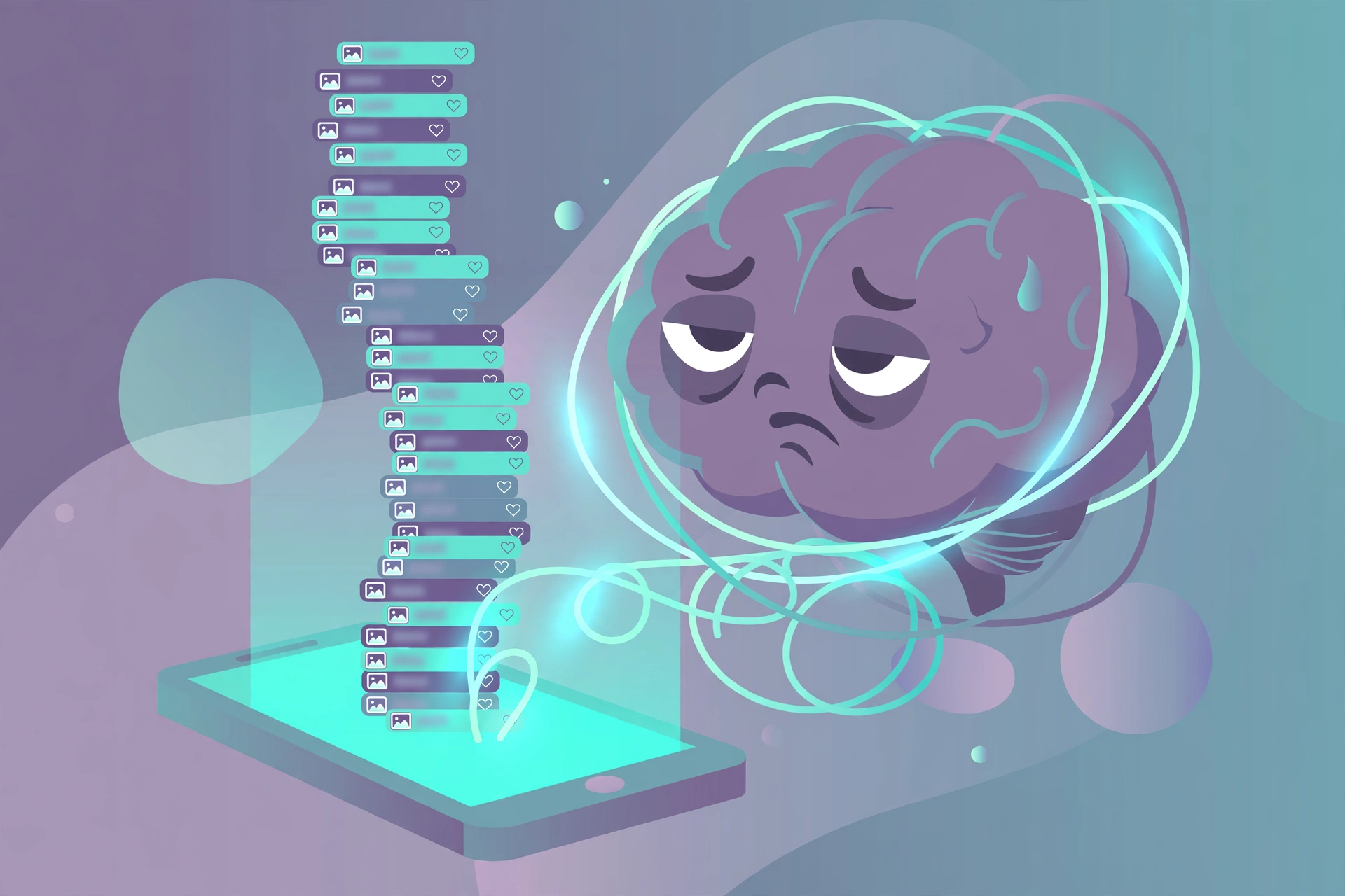 Illustration of a tired brain tangled in a smartphone with an endless social media scroll, visualizing the meaning of brain rot