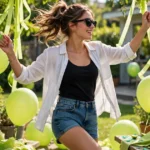 A confident young woman in sunglasses dancing at an outdoor summer party with lime-green decorations, carefree energy, photorealistic style.