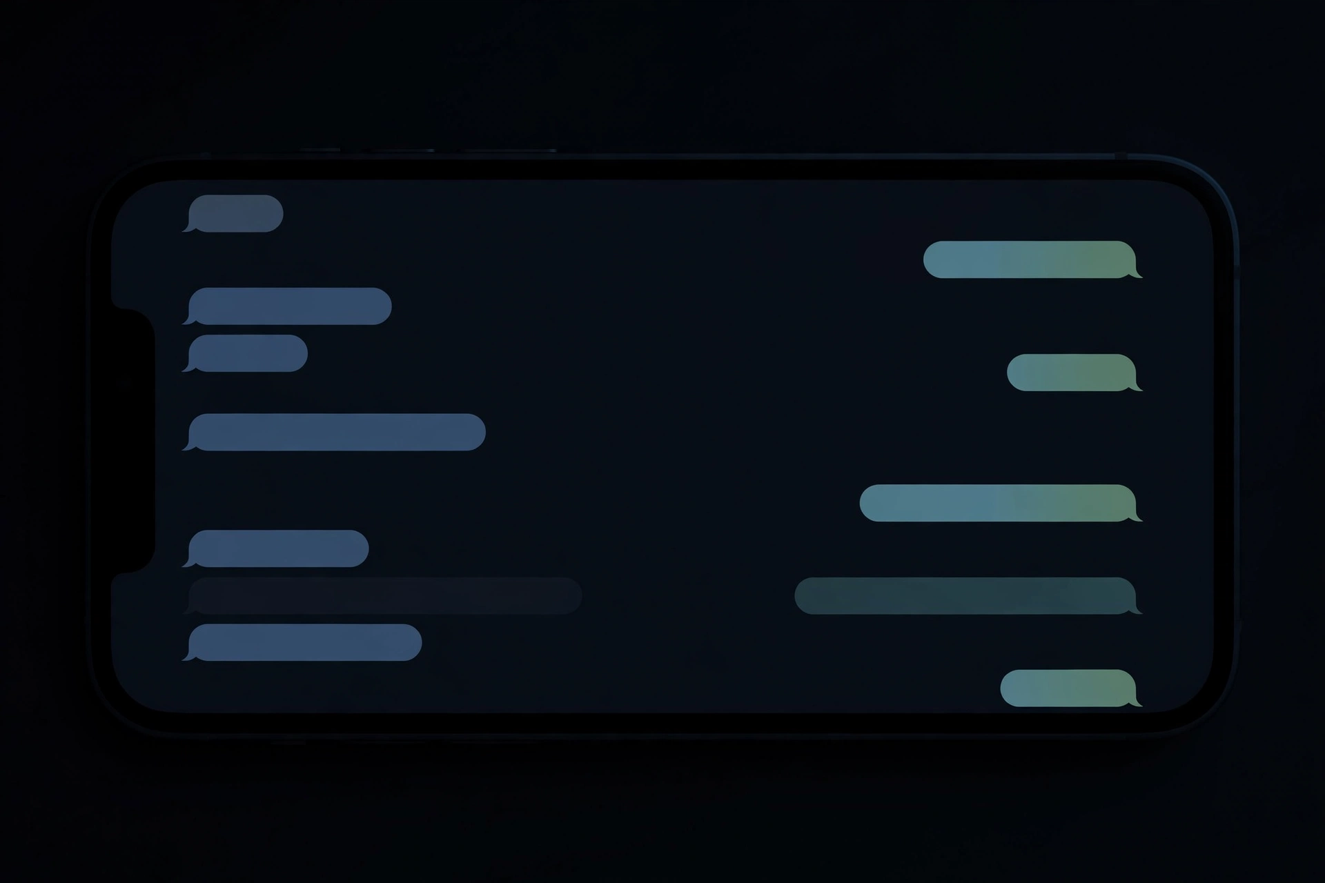 A phone screen glowing in the dark showing scattered short text message bubbles with long time gaps between them, moody photorealistic style.