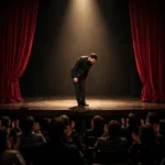 A theater stage with red curtains and a spotlight on an actor taking a bow, audience applauding in the dark, photorealistic style.