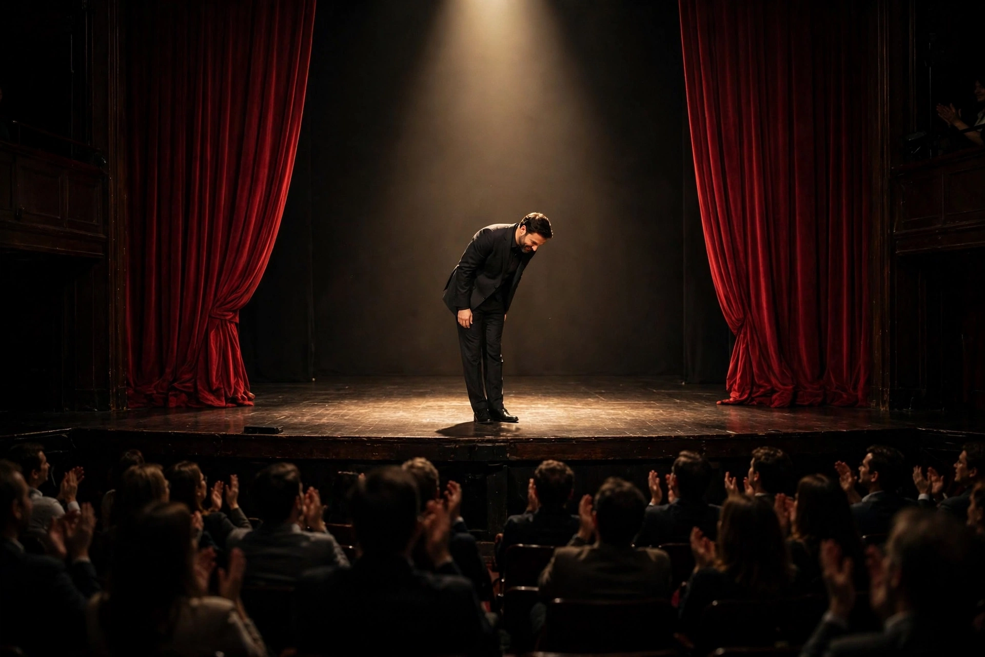 A theater stage with red curtains and a spotlight on an actor taking a bow, audience applauding in the dark, photorealistic style.