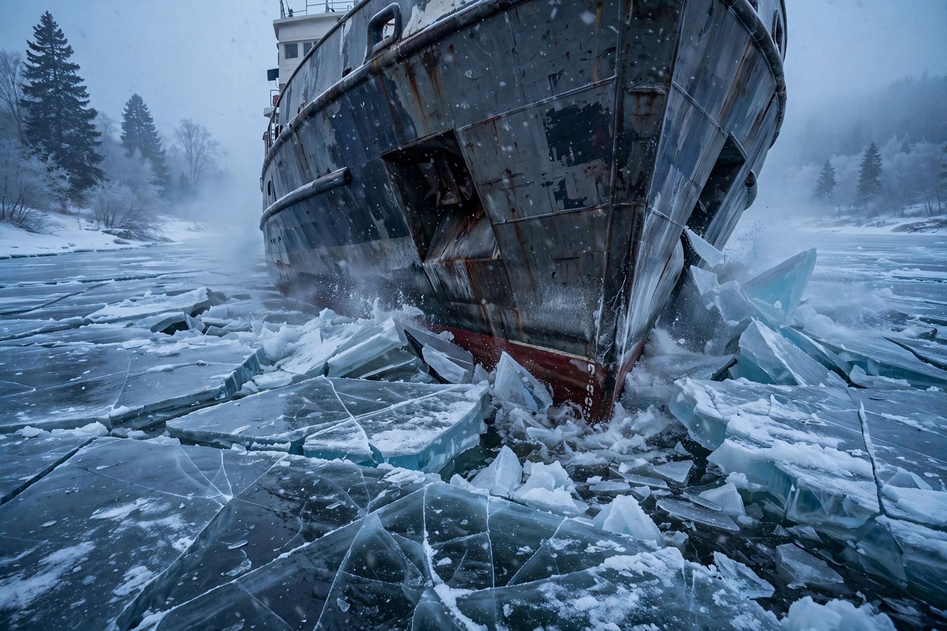 A ship's bow cracking through a frozen river, jagged ice sheets splitting around the hull, cold blue light, photorealistic style.