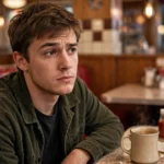 A young man with a deadpan expression raising one eyebrow at a friend's shocking story across a diner table, warm photorealistic style.