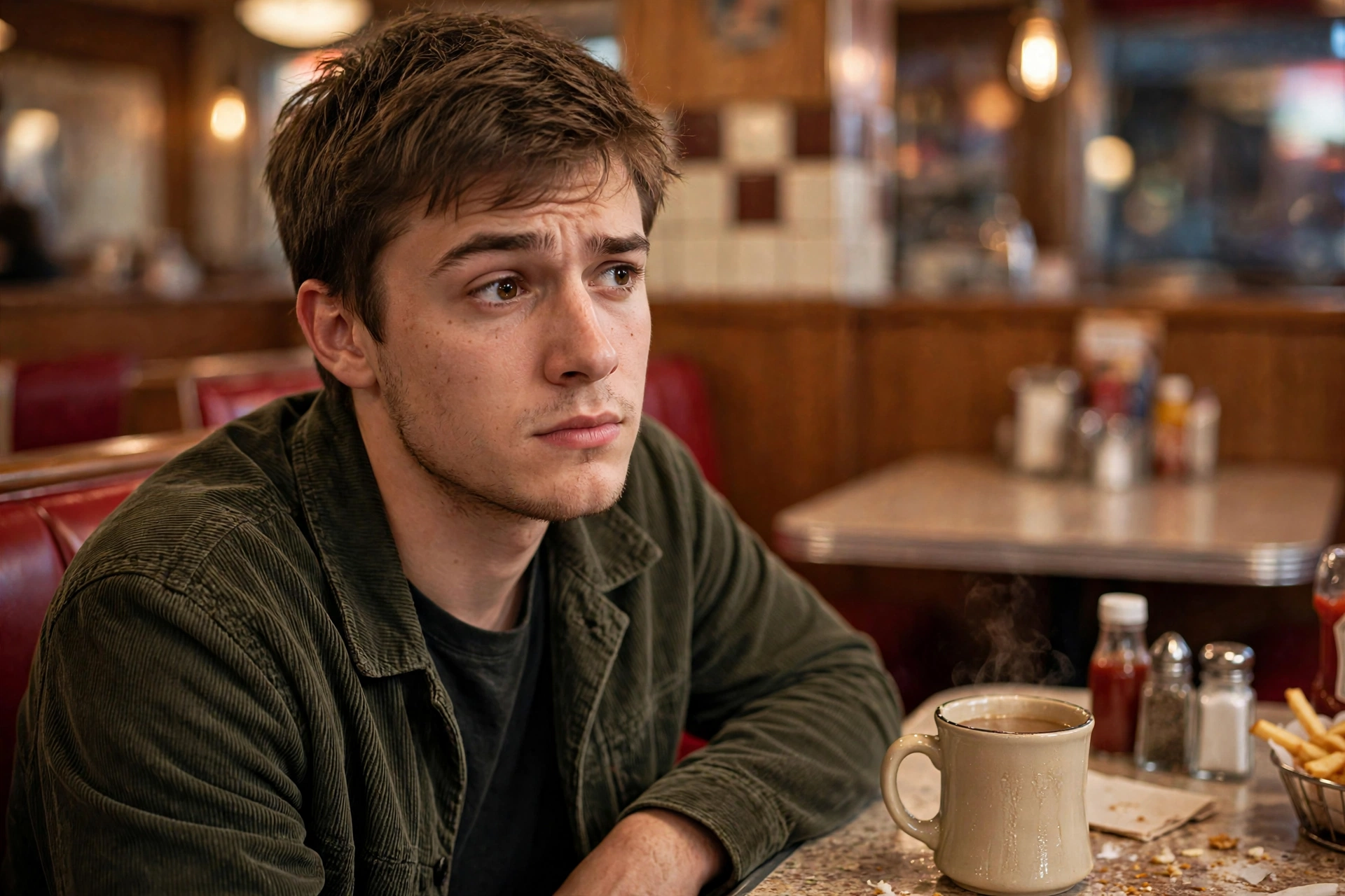 A young man with a deadpan expression raising one eyebrow at a friend's shocking story across a diner table, warm photorealistic style.