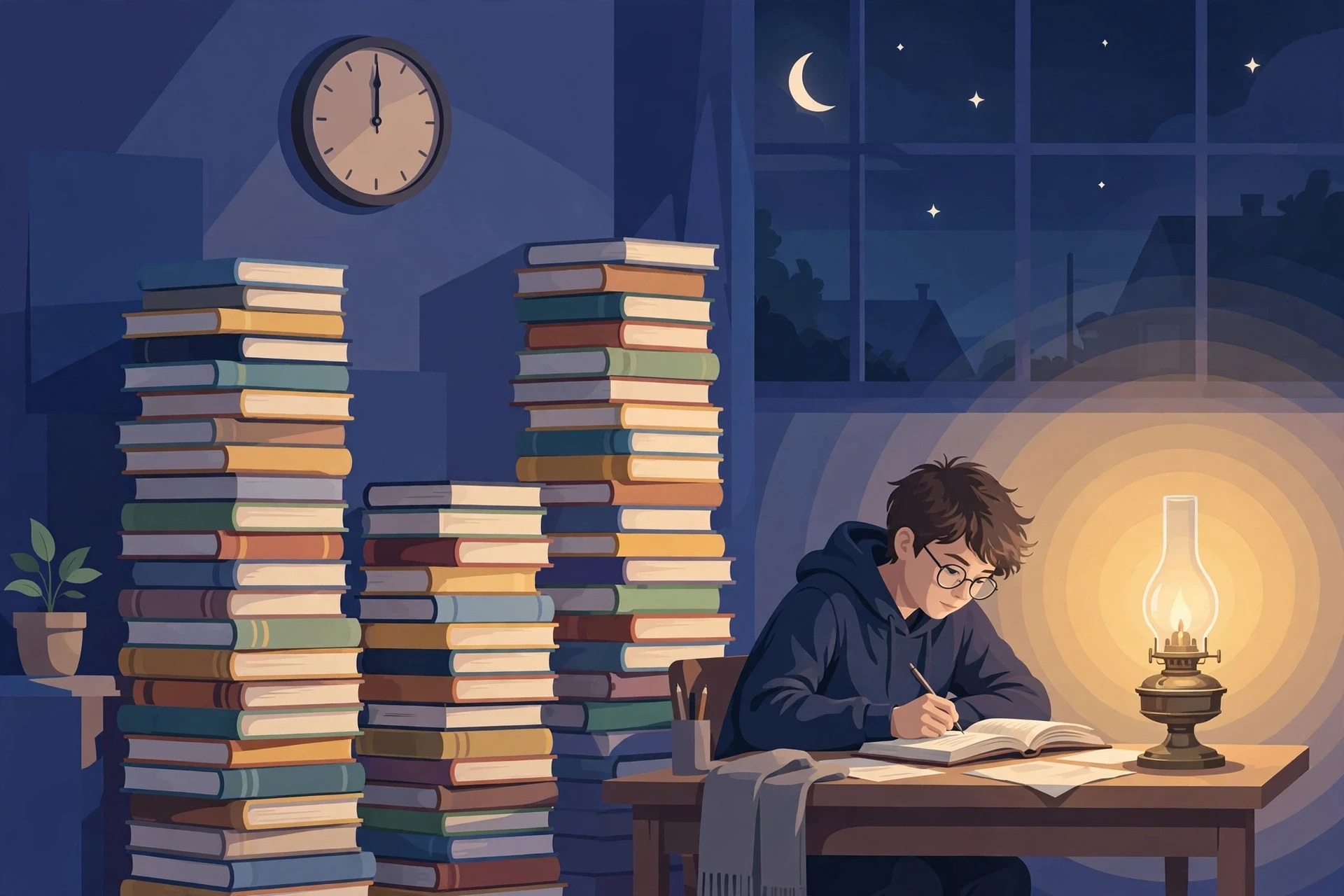 Illustration of a student studying late at night by the warm glow of an old-fashioned oil lamp with tall stacks of books, visualizing the idiom burn the midnight oil