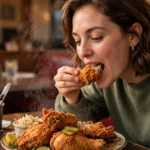 A steaming plate of delicious-looking fried chicken on a diner table, a person taking an enthusiastic first bite, warm light, photorealistic style.