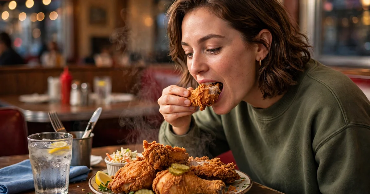 A steaming plate of delicious-looking fried chicken on a diner table, a person taking an enthusiastic first bite, warm light, photorealistic style.