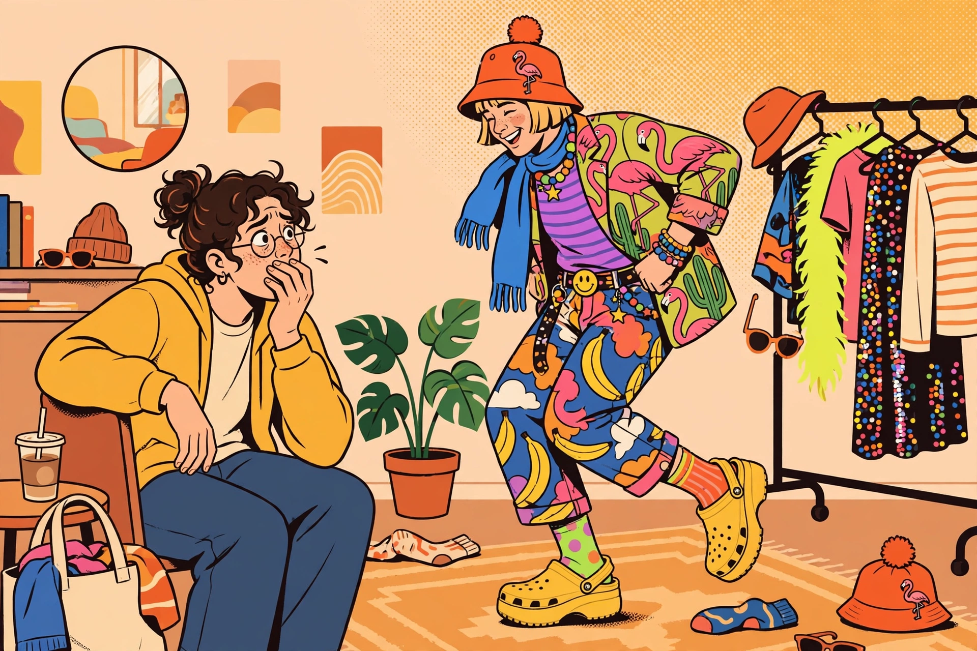 Illustration of a person watching a friend make an embarrassing fashion choice, unable to intervene, in warm comic-book colors.