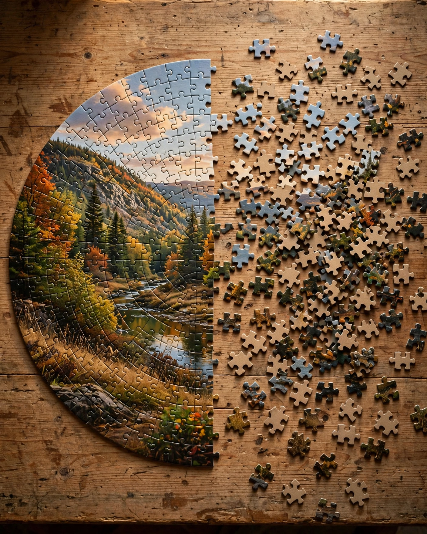 A large round jigsaw puzzle on a wooden table — one half fully assembled into a whole, the other half shown as scattered separate pieces beside it, photorealistic style.