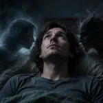 A person awake in bed at night staring at the ceiling while a shadowy angel and devil whisper at each shoulder, moody photorealistic style.
