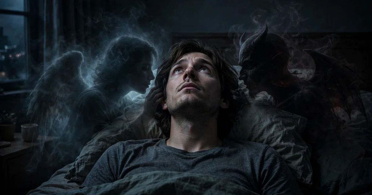 A person awake in bed at night staring at the ceiling while a shadowy angel and devil whisper at each shoulder, moody photorealistic style.