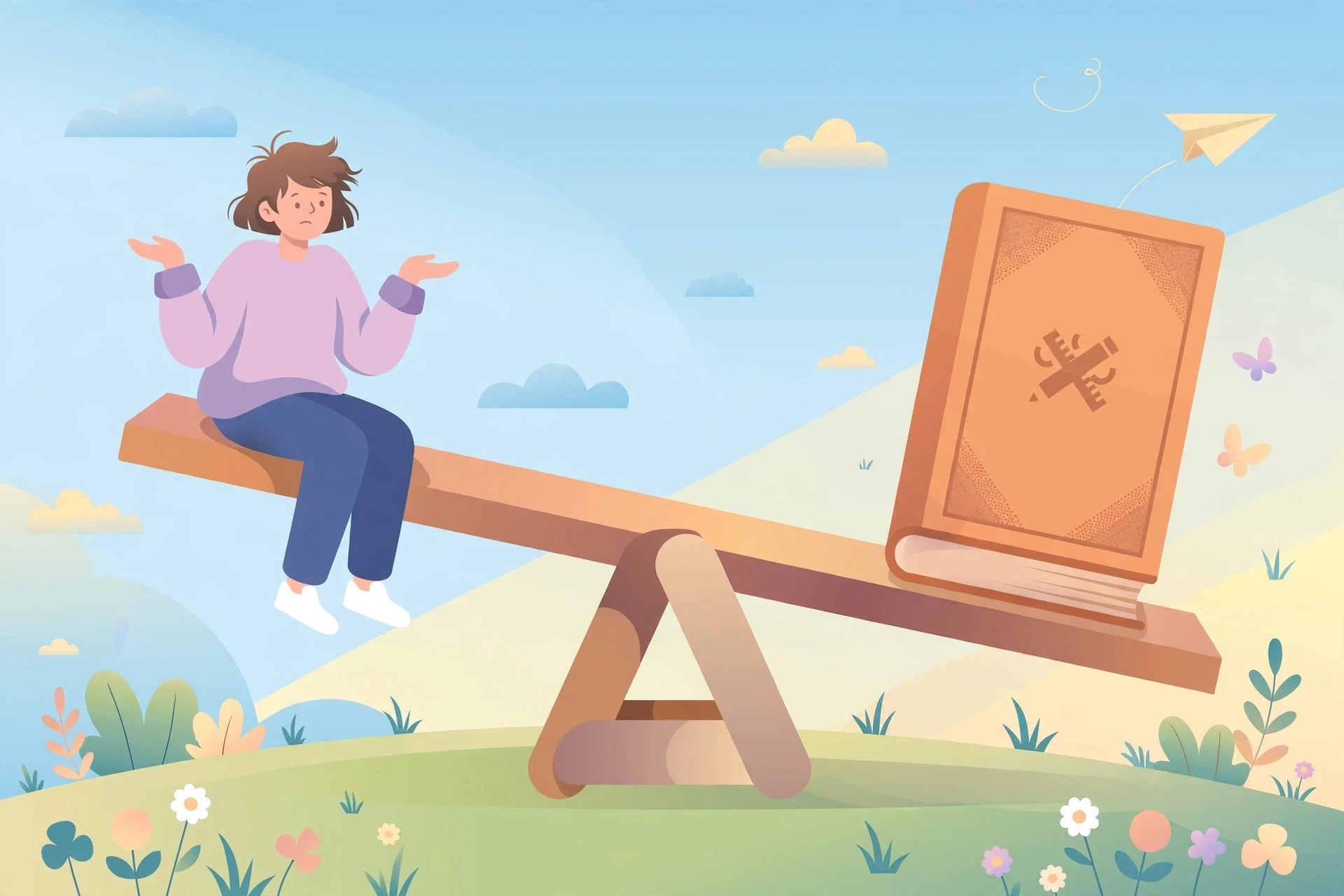 Illustration of a giant seesaw with a shrugging indifferent person on one side and an open grammar book on the other, visualizing the phrase could care less