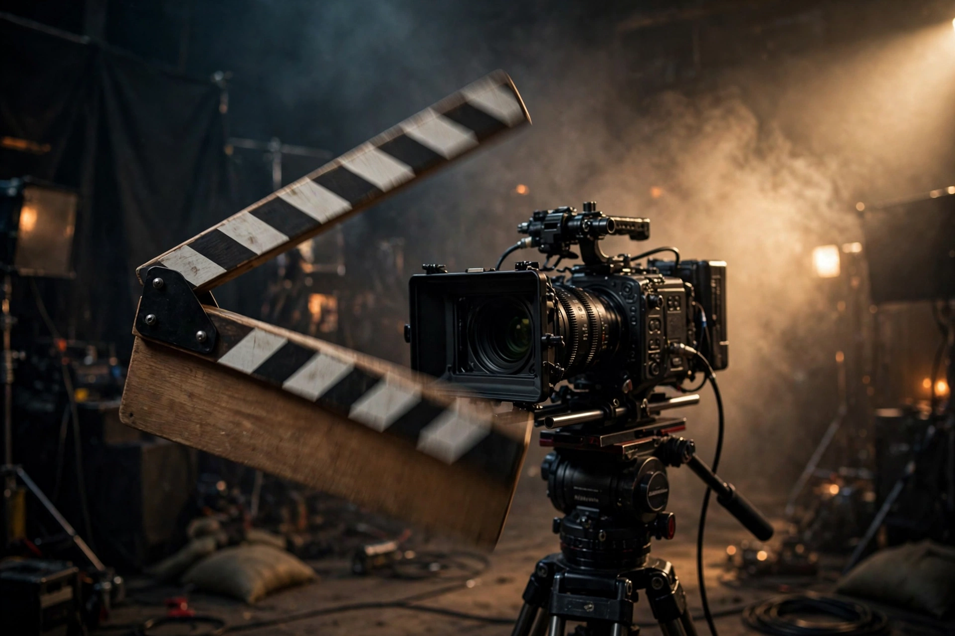 A film director's clapperboard snapping shut in front of a camera on a movie set, dramatic lighting, photorealistic style.