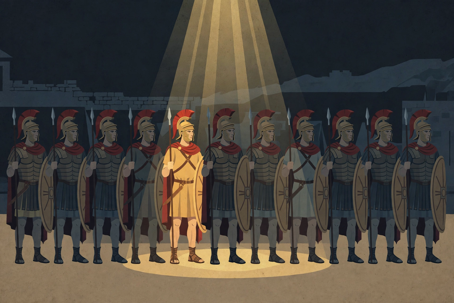 Illustration of ten Roman soldiers in a line with one singled out by a spotlight, in stylized historical flat art.