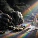 A bomb disposal technician's gloved hands carefully working on a device beside soft rays of light spreading through a prism, photorealistic style.
