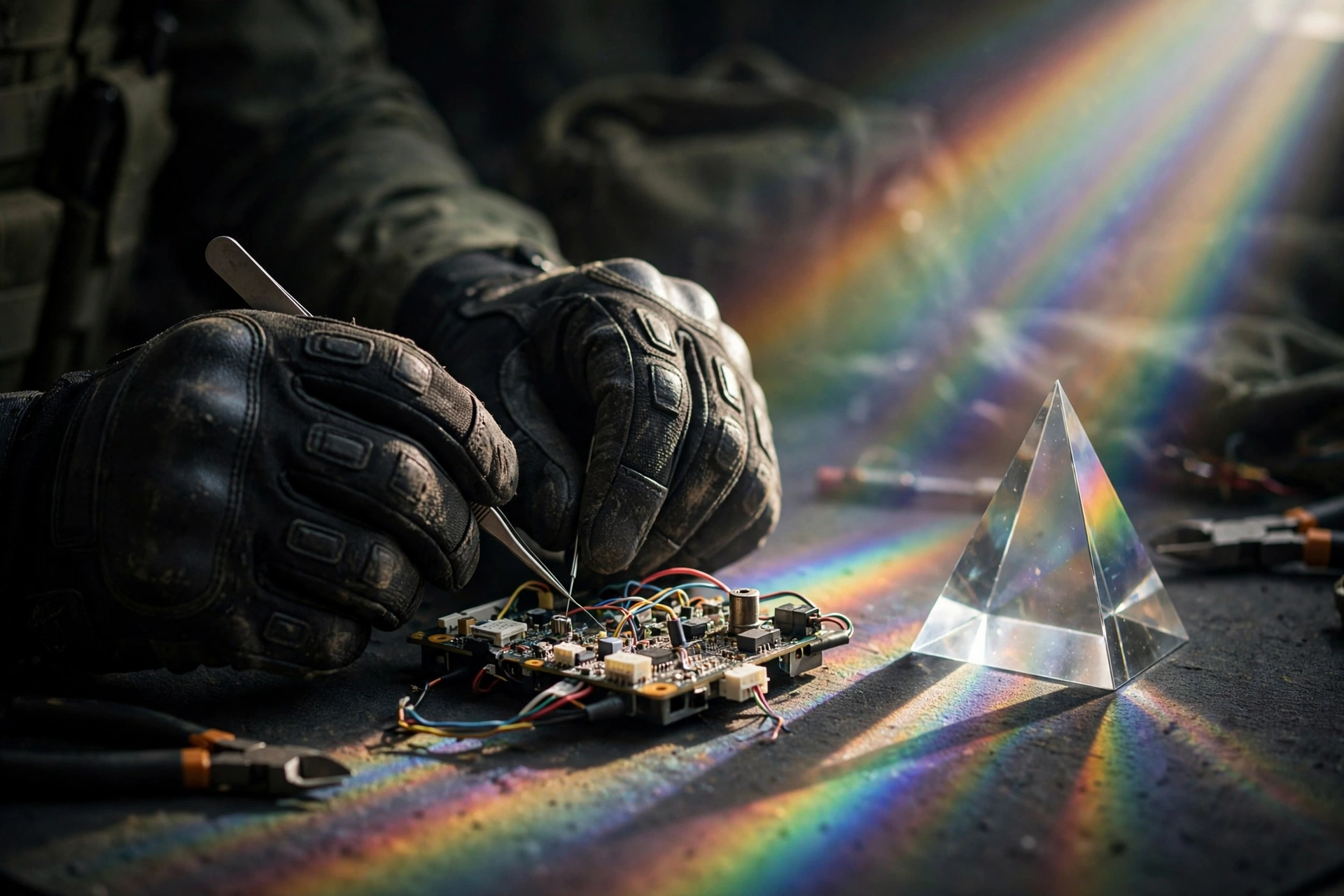A bomb disposal technician's gloved hands carefully working on a device beside soft rays of light spreading through a prism, photorealistic style.