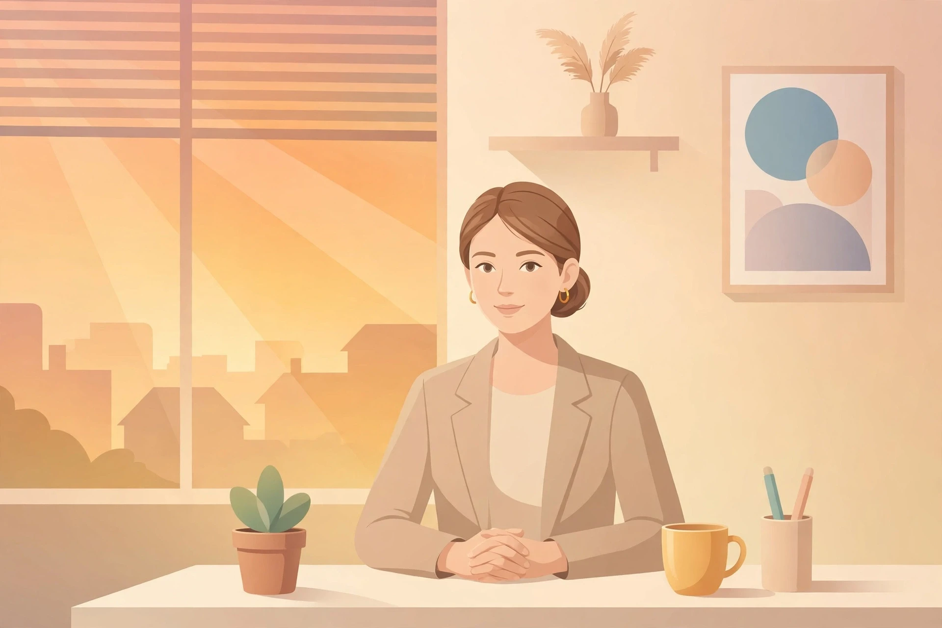 Illustration of a poised young woman with neat minimal makeup sitting calmly and modestly at an office desk, visualizing the meaning of demure