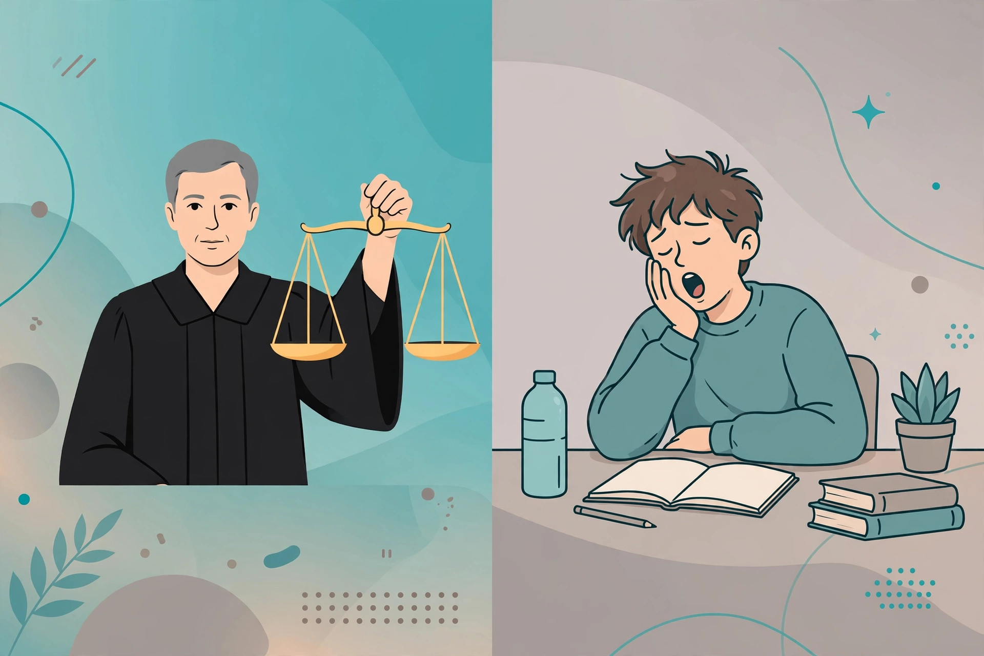 Split illustration comparing an impartial judge holding balanced scales and a bored yawning student, visualizing disinterested vs uninterested