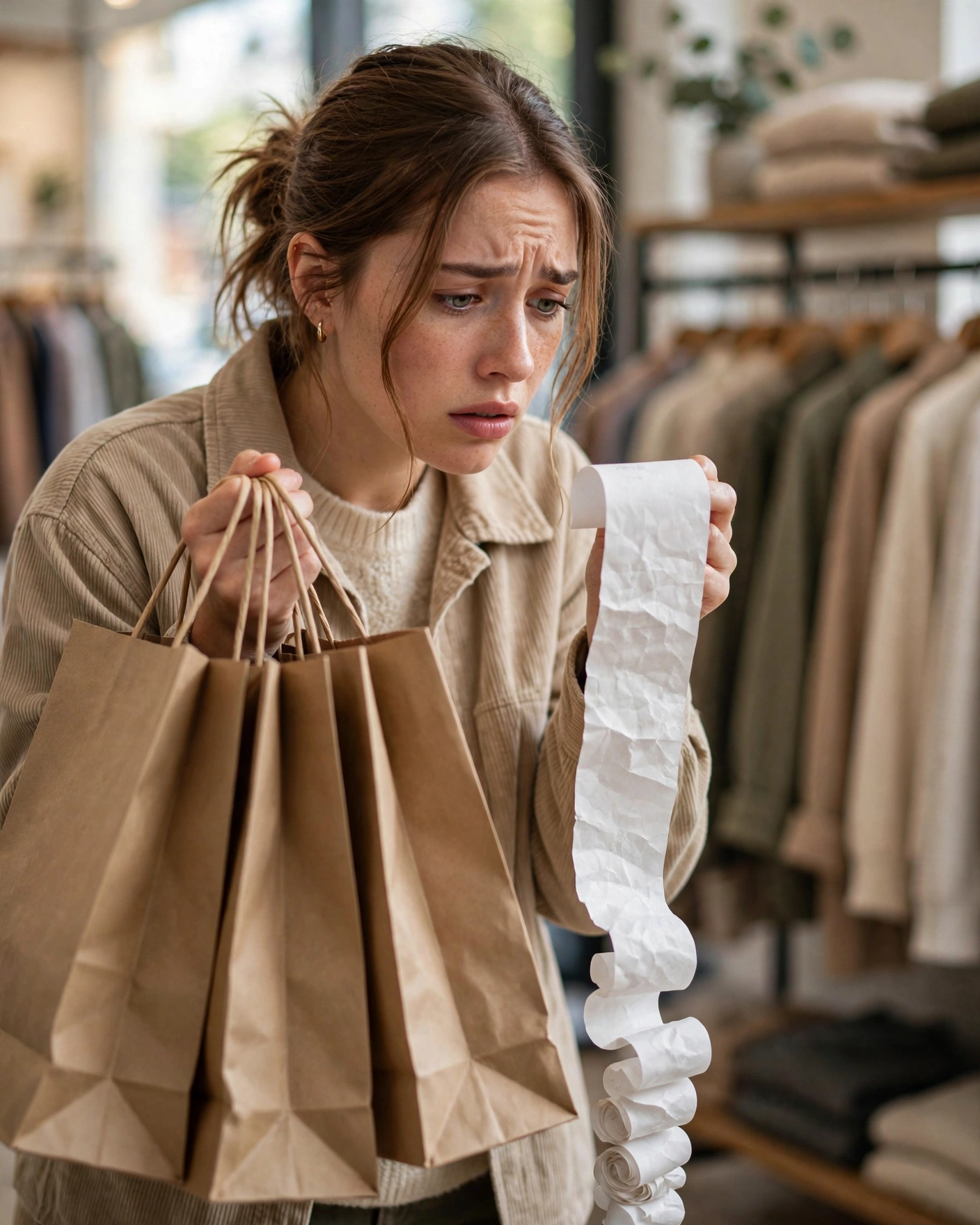 A young woman in a clothing store holding several shopping bags, glancing anxiously at a long receipt, soft photorealistic style.