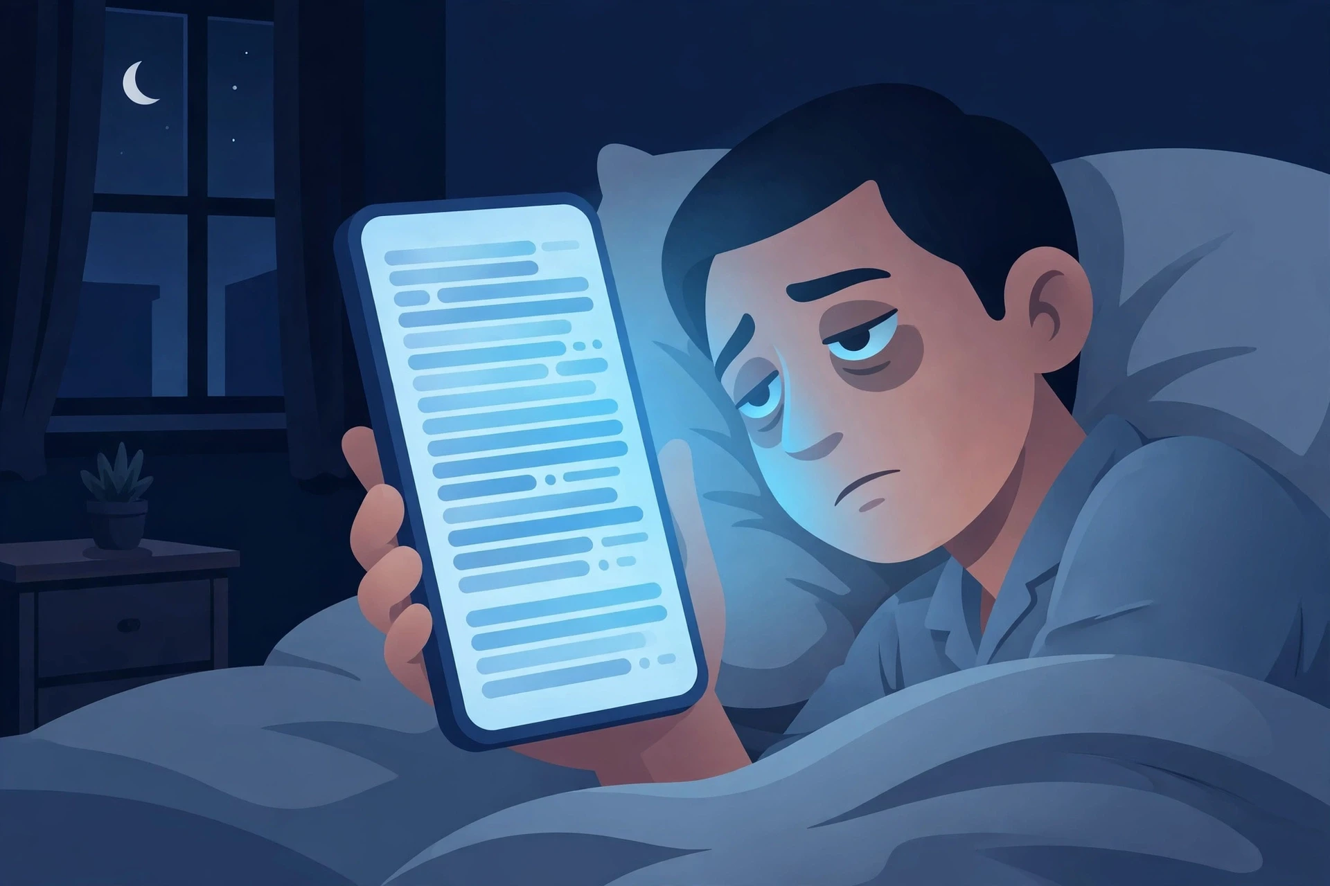 Illustration of a person in bed at night endlessly scrolling a phone filled with grim news headlines, visualizing the meaning of doomscrolling