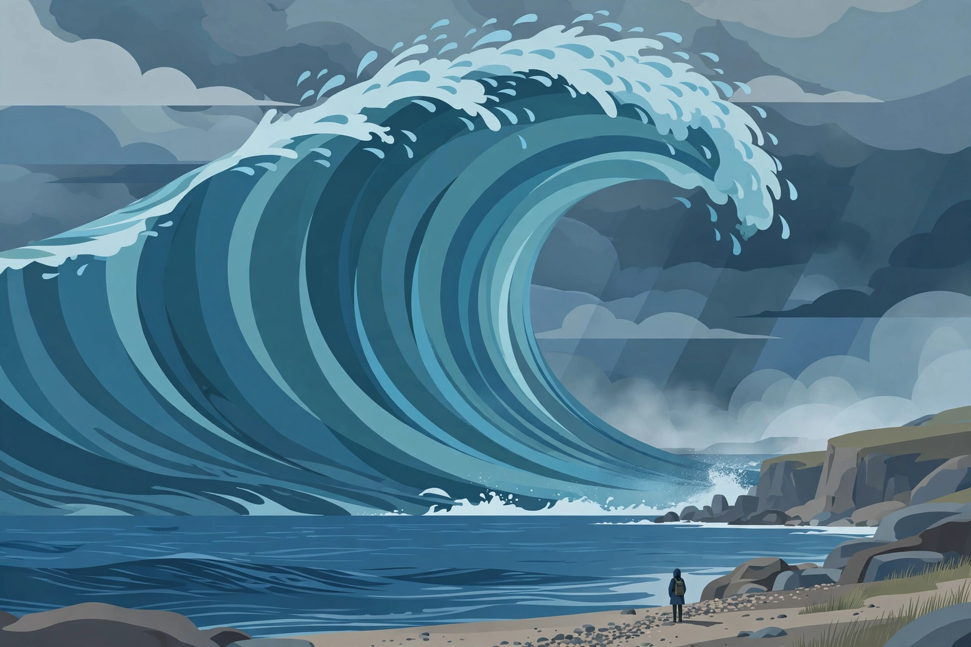 Illustration of a tiny person standing before a towering tidal wave, dwarfed by its overwhelming scale, in dramatic flat colors.