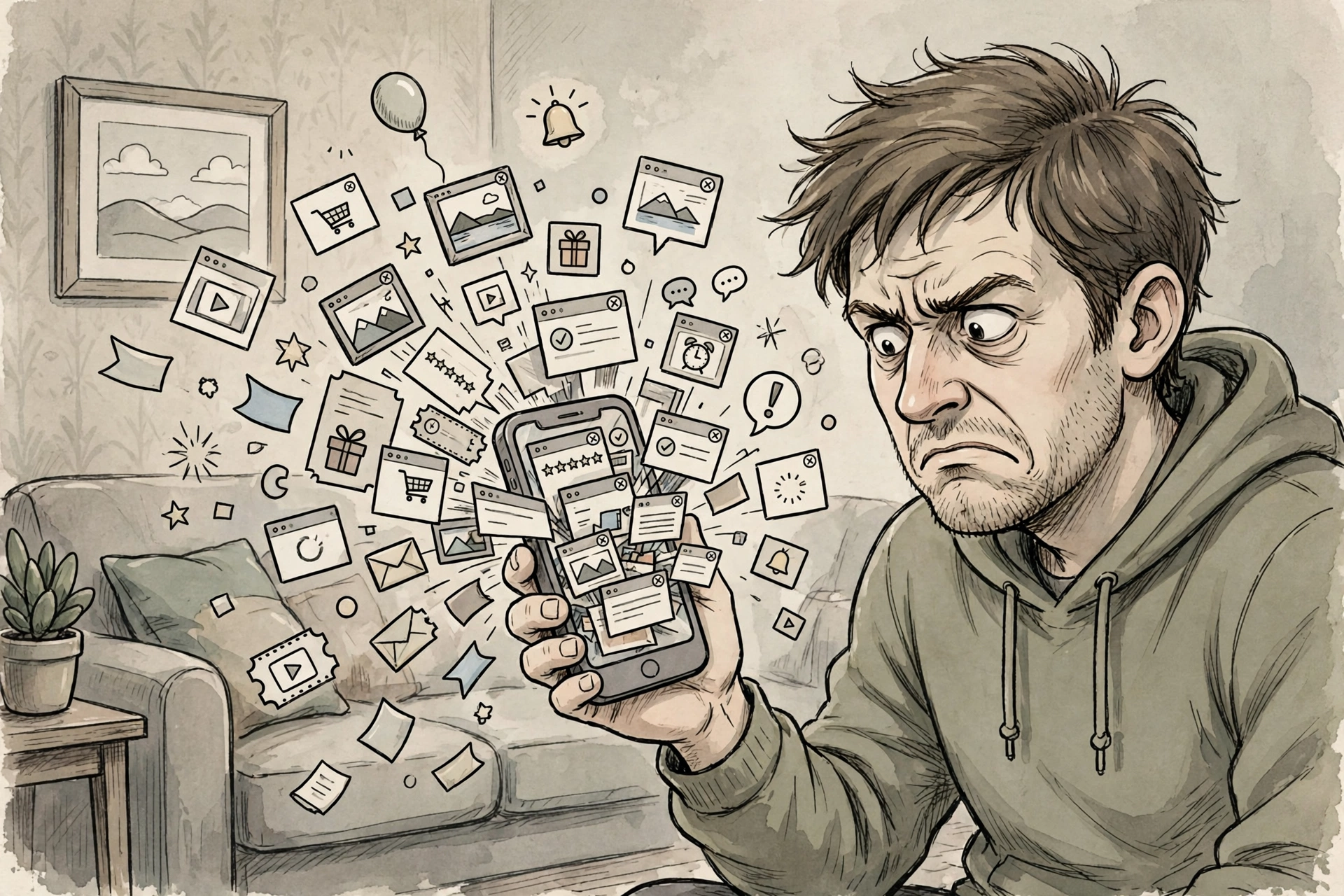 Illustration of a smartphone screen overflowing with ads and pop-ups while its owner frowns, in muted satirical cartoon style.