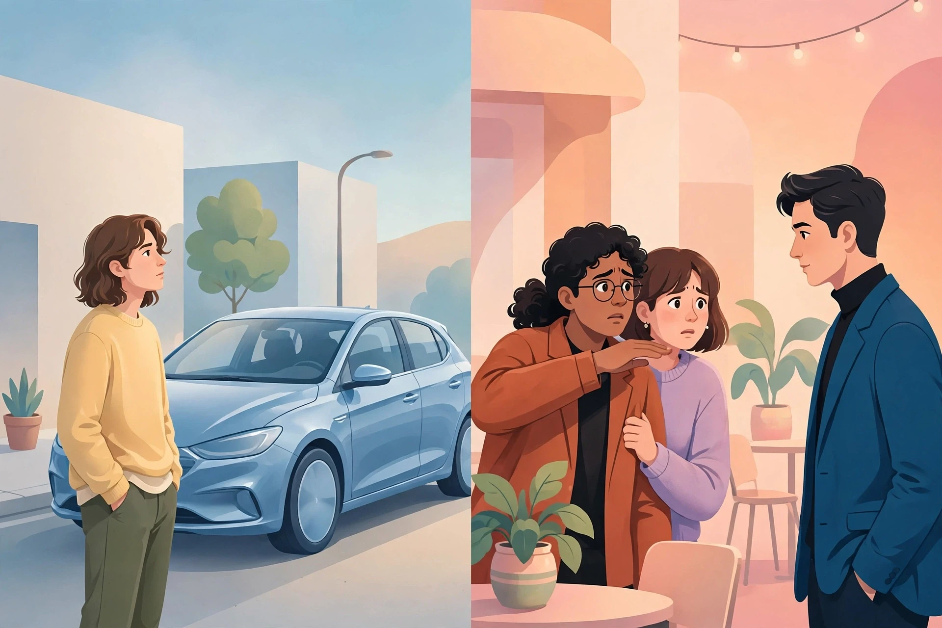 Split illustration comparing a person longingly eyeing a friend's new car and a person anxiously guarding their partner from a rival, visualizing envy vs jealousy