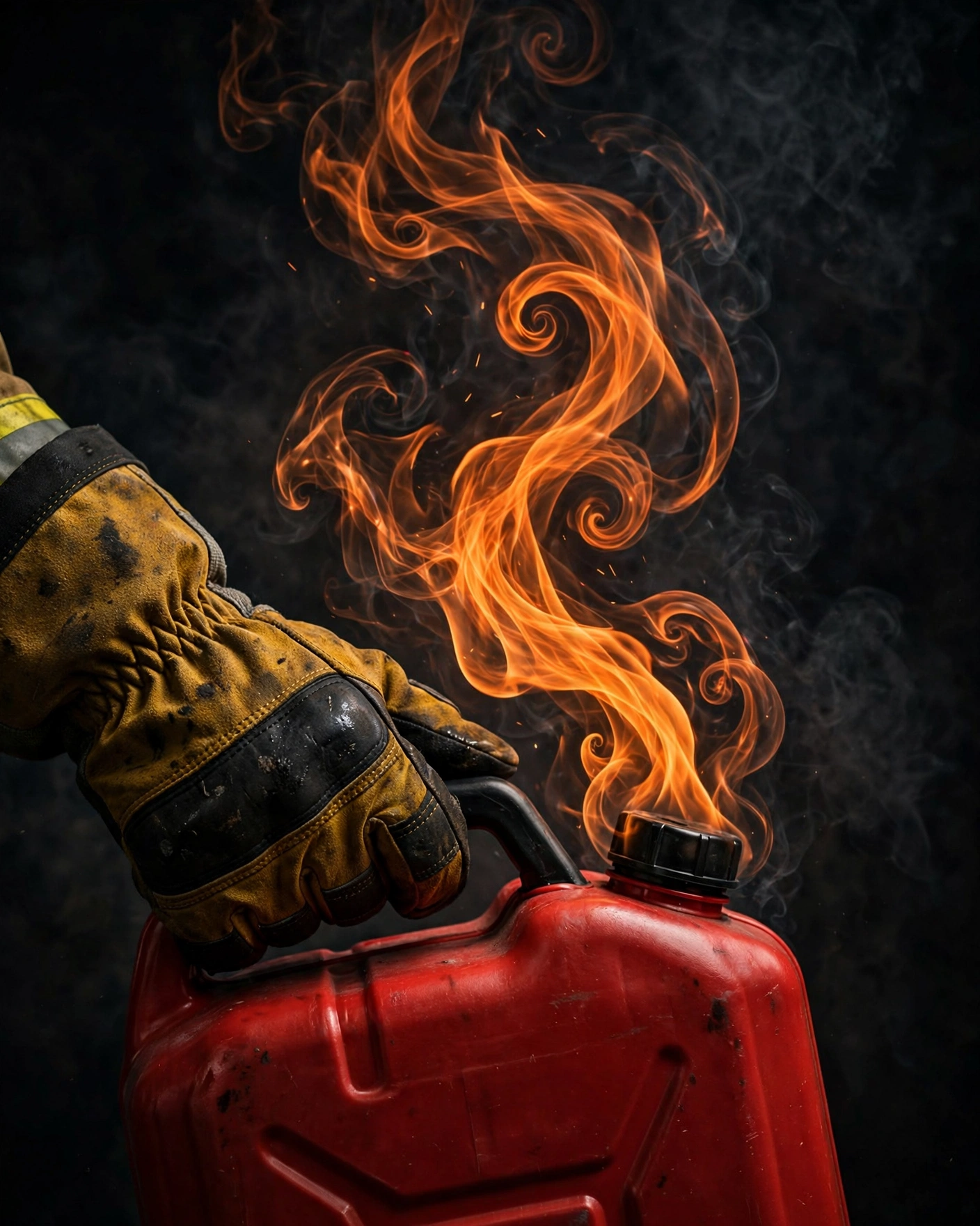A firefighter's gloved hand holding a red fuel canister with stylized orange flame swirls rising against a dark charcoal background, photorealistic style.