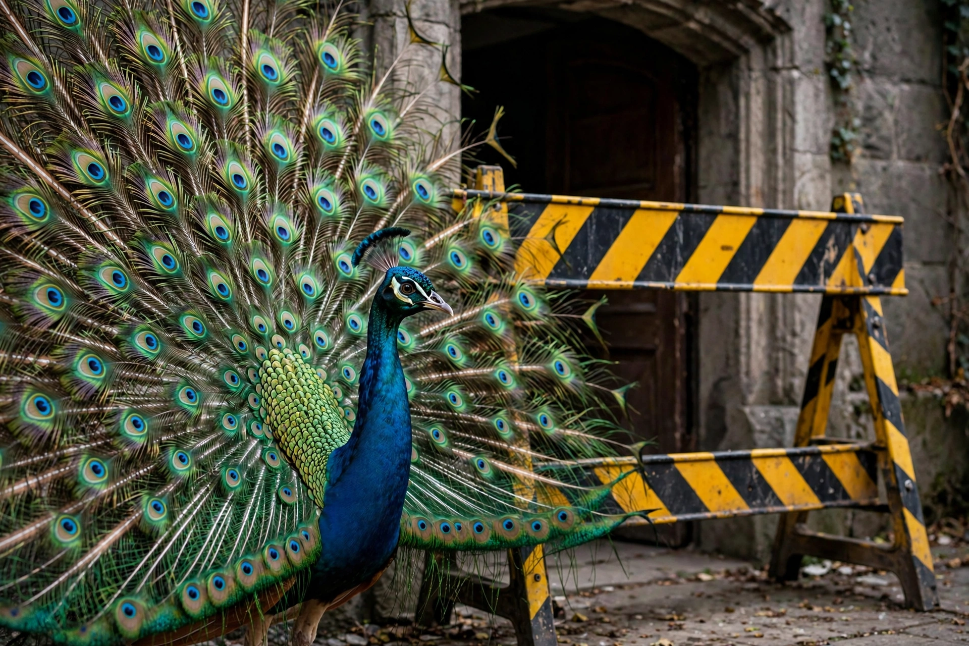 A peacock spreading its iridescent feathers proudly beside a striped barricade blocking a doorway, photorealistic style.
