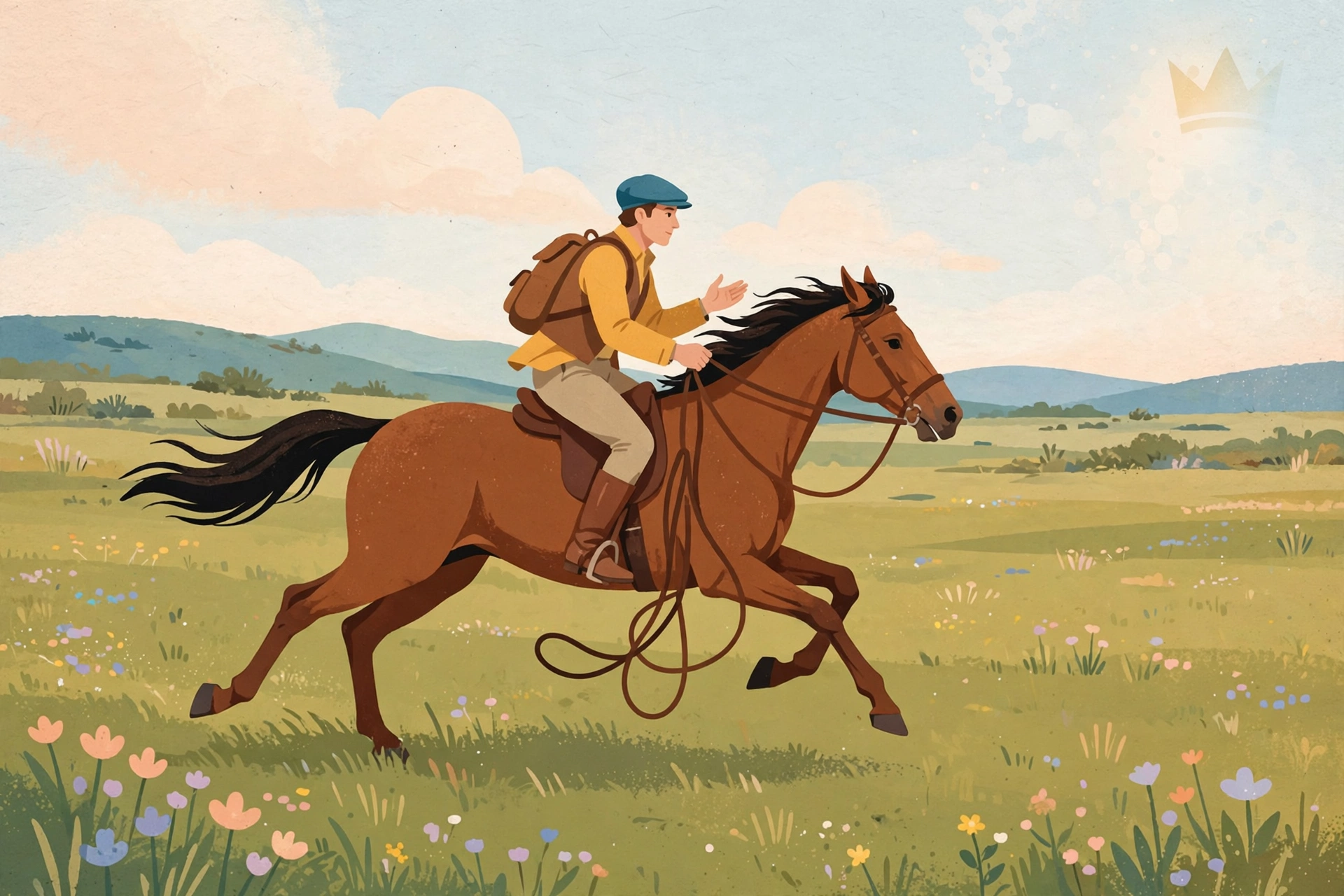Illustration of a rider loosening the leather reins of a galloping horse on an open plain, with a small crown fading in the corner.