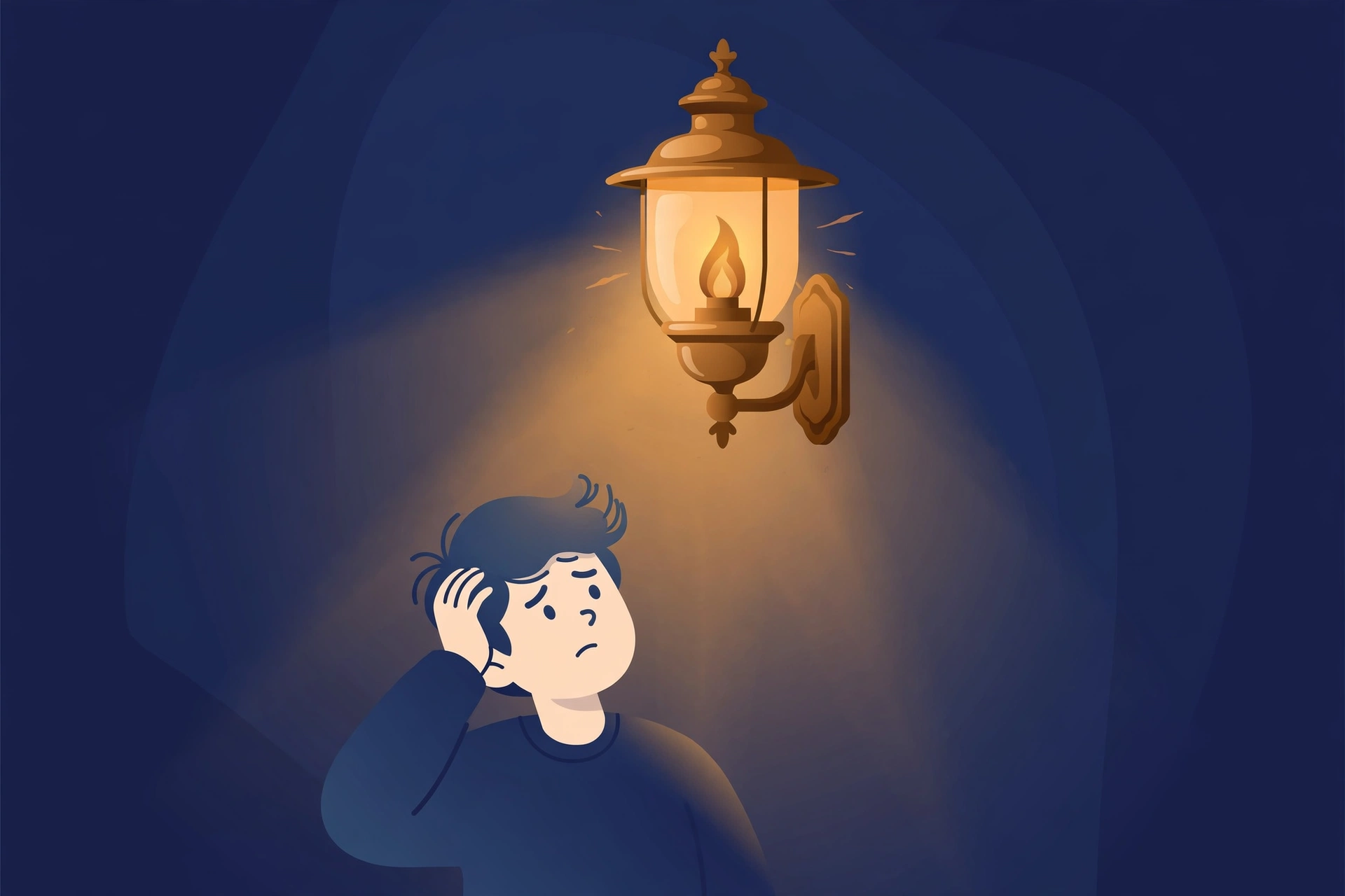Illustration of a flickering gas lamp above a confused person questioning their own memory, visualizing the meaning of gaslighting