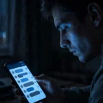 A person staring at a phone showing unanswered text messages in a dimly lit room at night, moody photorealistic style.