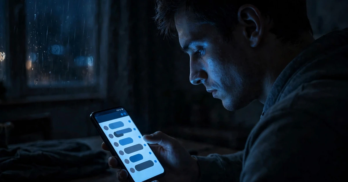 A person staring at a phone showing unanswered text messages in a dimly lit room at night, moody photorealistic style.