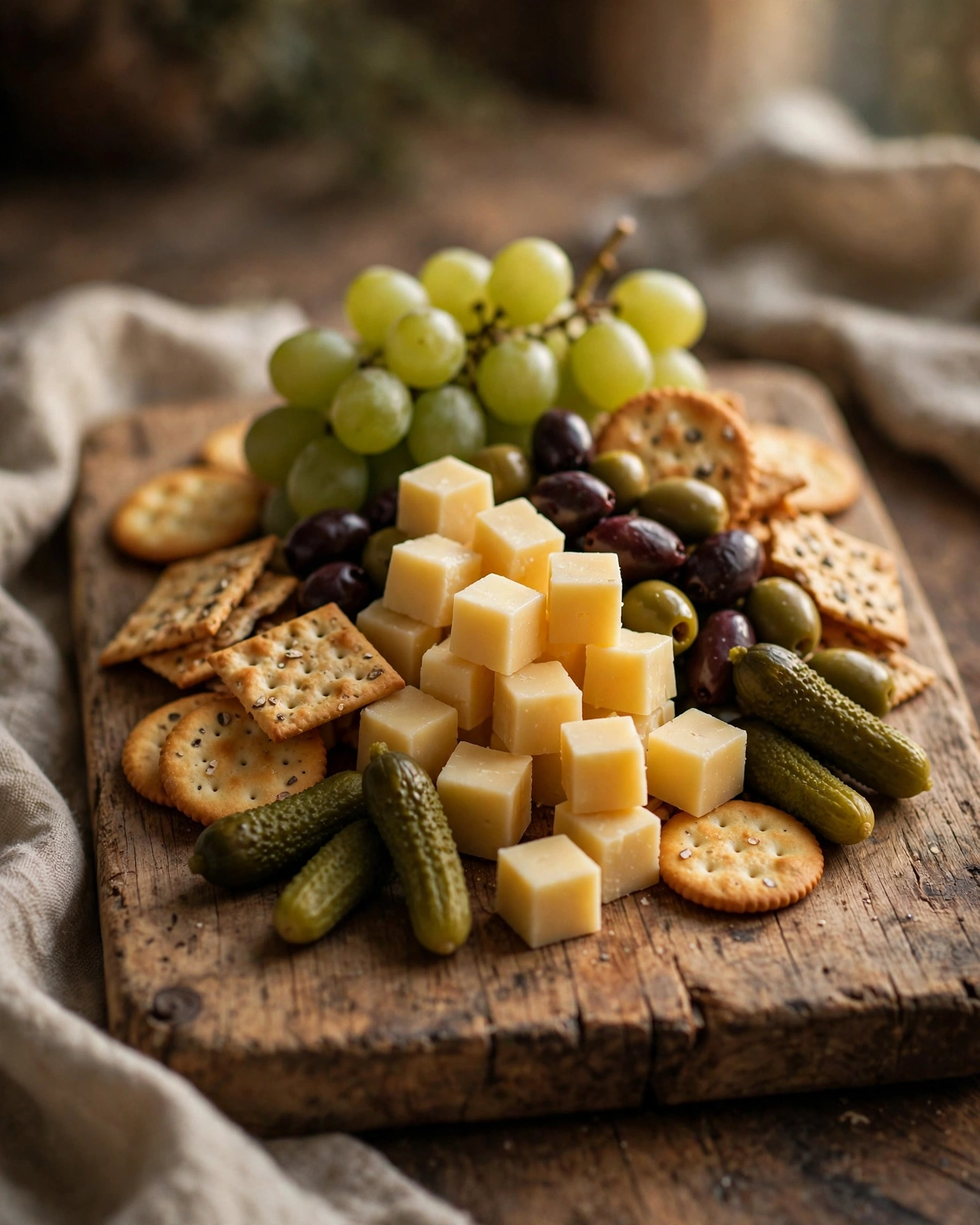 A rustic wooden board holding an artful single-plate pile of snacks — cheese cubes, grapes, crackers, olives, and pickles — warm photorealistic food photography.
