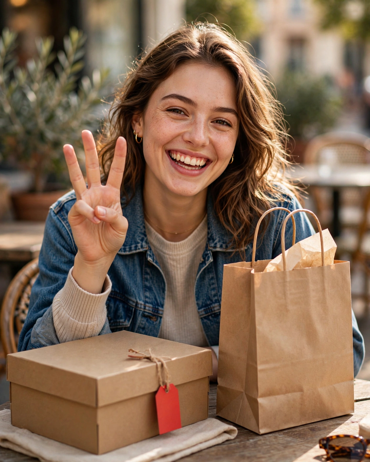 A young woman at a café table grinning while doing playful finger-counting, a shopping bag and a sale-tagged shoebox beside her, photorealistic style.