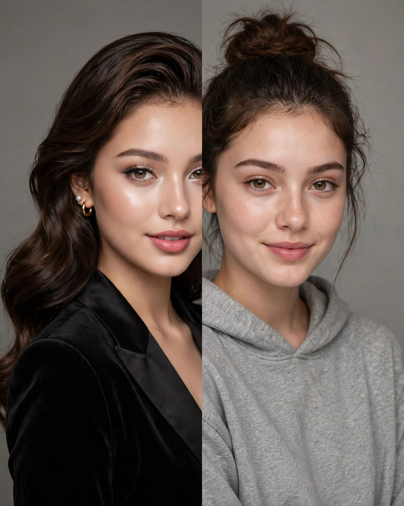A playful photorealistic split portrait of the same person: left side glamorous and polished, right side relaxed in a hoodie with hair in a bun.