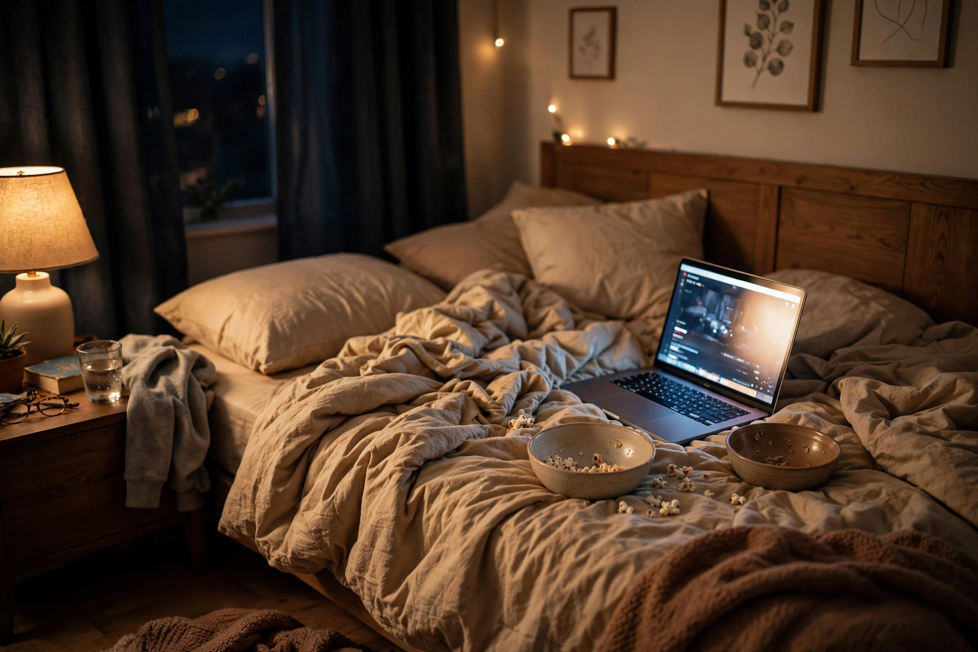 A cozy bedroom at night with rumpled blankets, empty snack bowls, and a laptop glowing on the bed, warm photorealistic style.