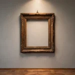 An old wooden picture frame hanging on a gallery wall with a spotlight on it, elegant museum interior, photorealistic style.