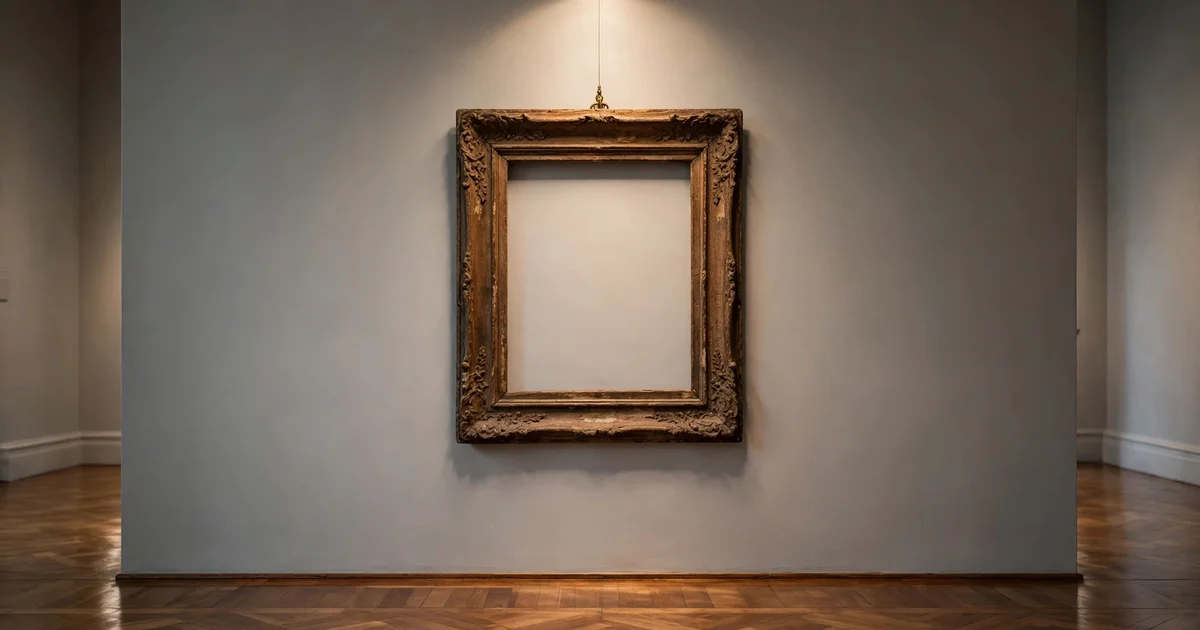 An old wooden picture frame hanging on a gallery wall with a spotlight on it, elegant museum interior, photorealistic style.