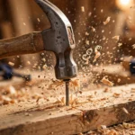 A hammer striking a nail squarely into a wooden plank, close-up with wood shavings flying, warm workshop light, photorealistic style.