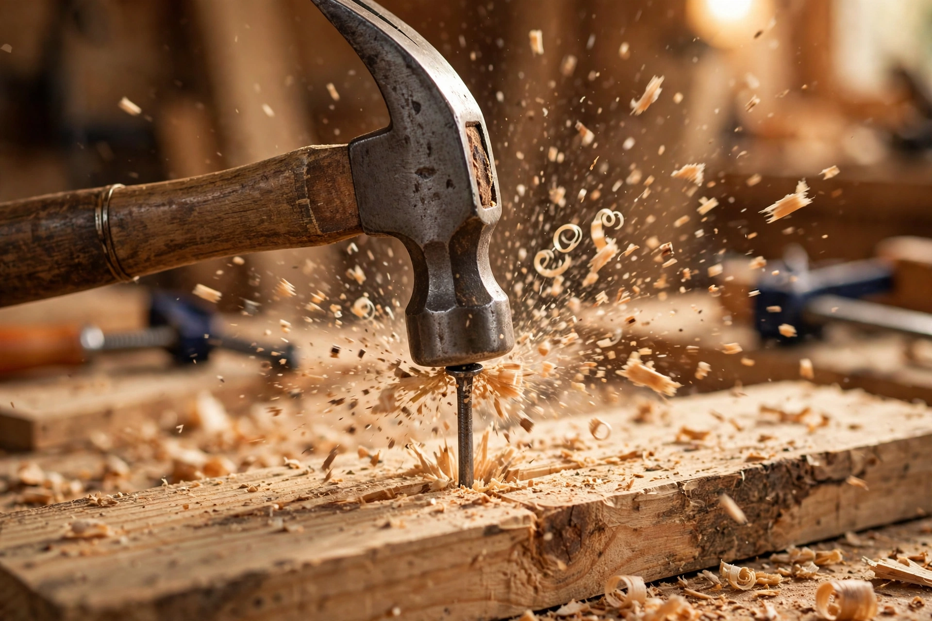 A hammer striking a nail squarely into a wooden plank, close-up with wood shavings flying, warm workshop light, photorealistic style.
