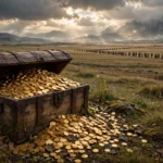 A wooden treasure chest overflowing with gold coins beside a distant crowd of people crossing a plain, dramatic fantasy-style photorealistic scene.