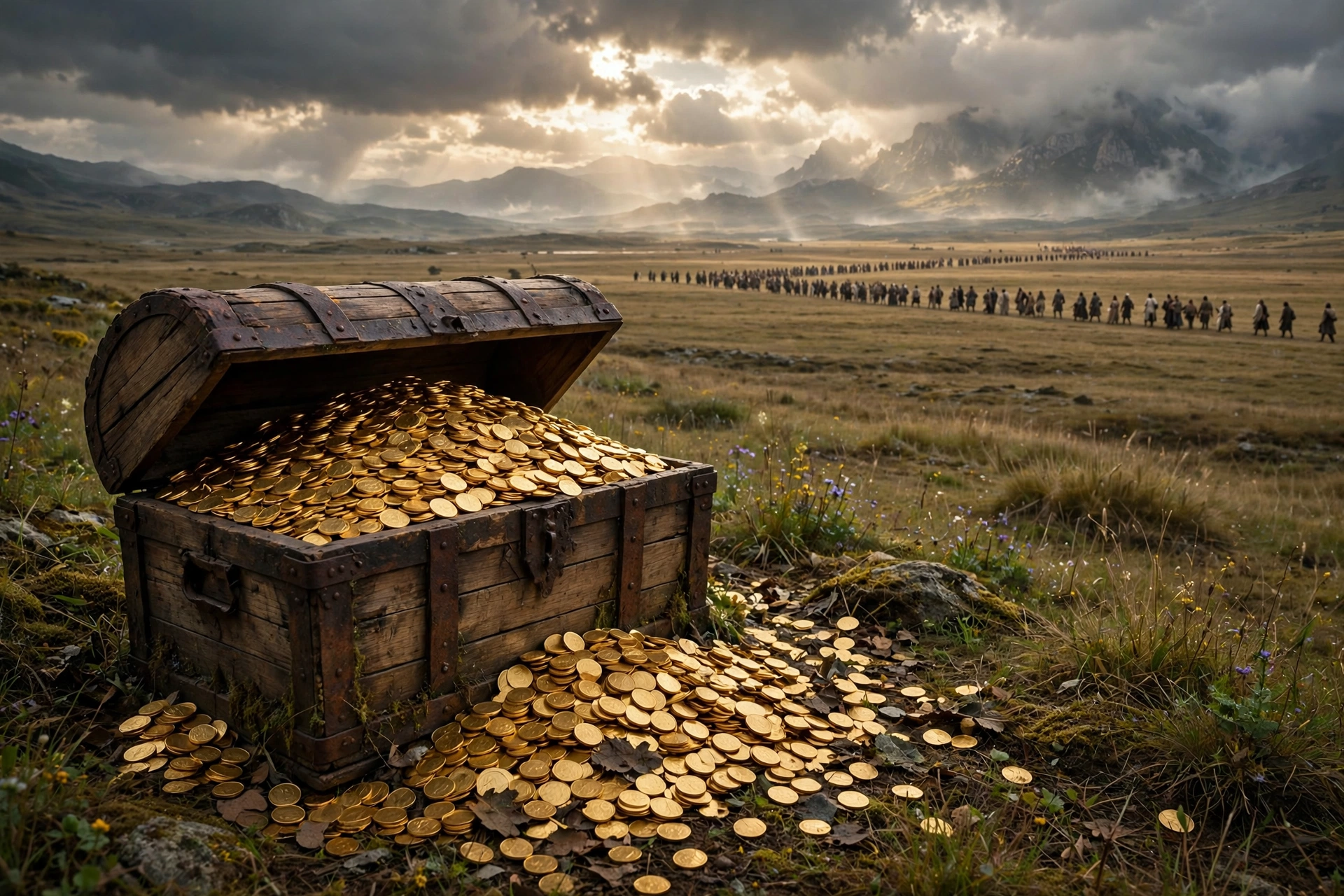 A wooden treasure chest overflowing with gold coins beside a distant crowd of people crossing a plain, dramatic fantasy-style photorealistic scene.