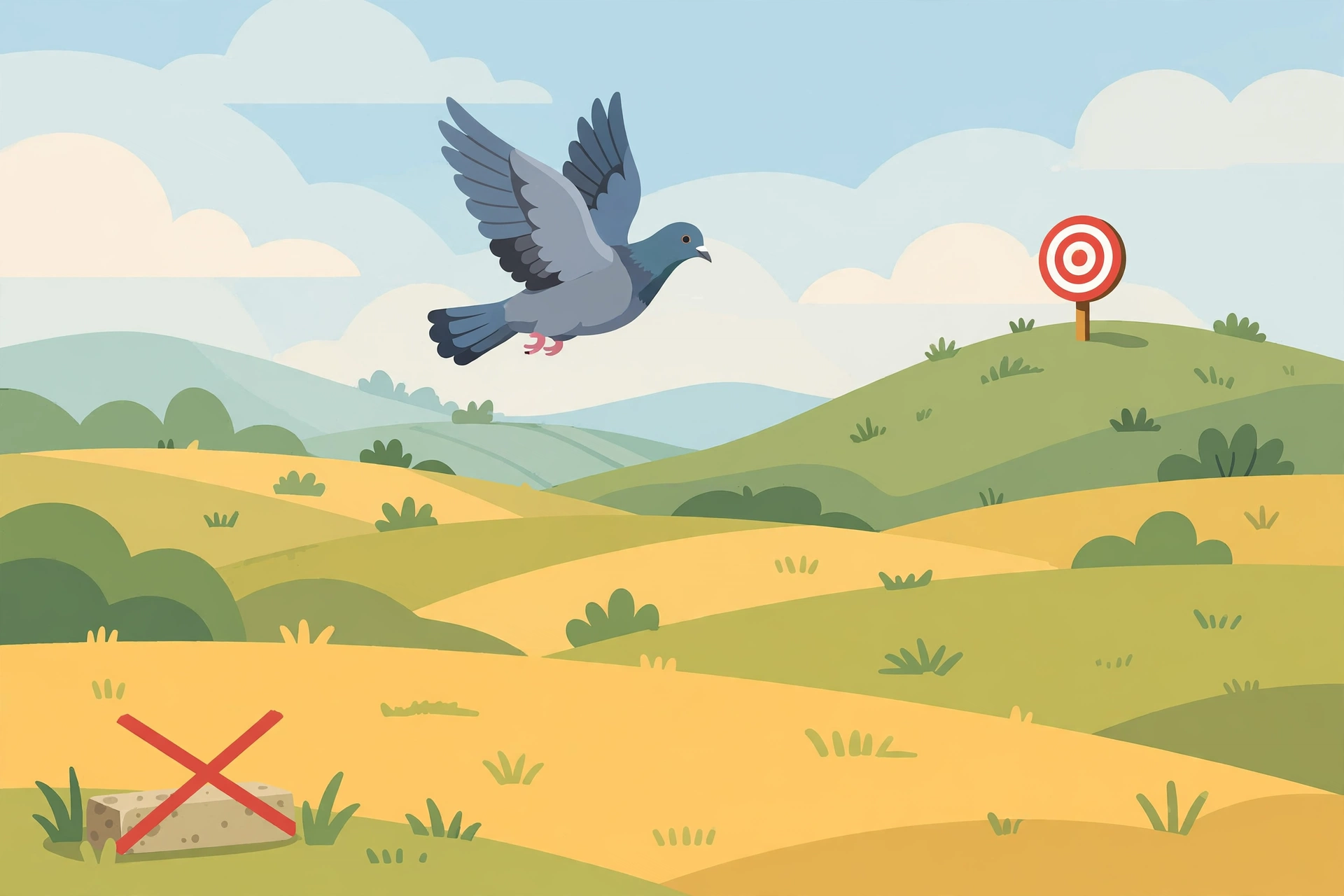 Illustration of a homing pigeon flying straight toward a target on a distant hill, with a crossed-out whetstone in the corner.