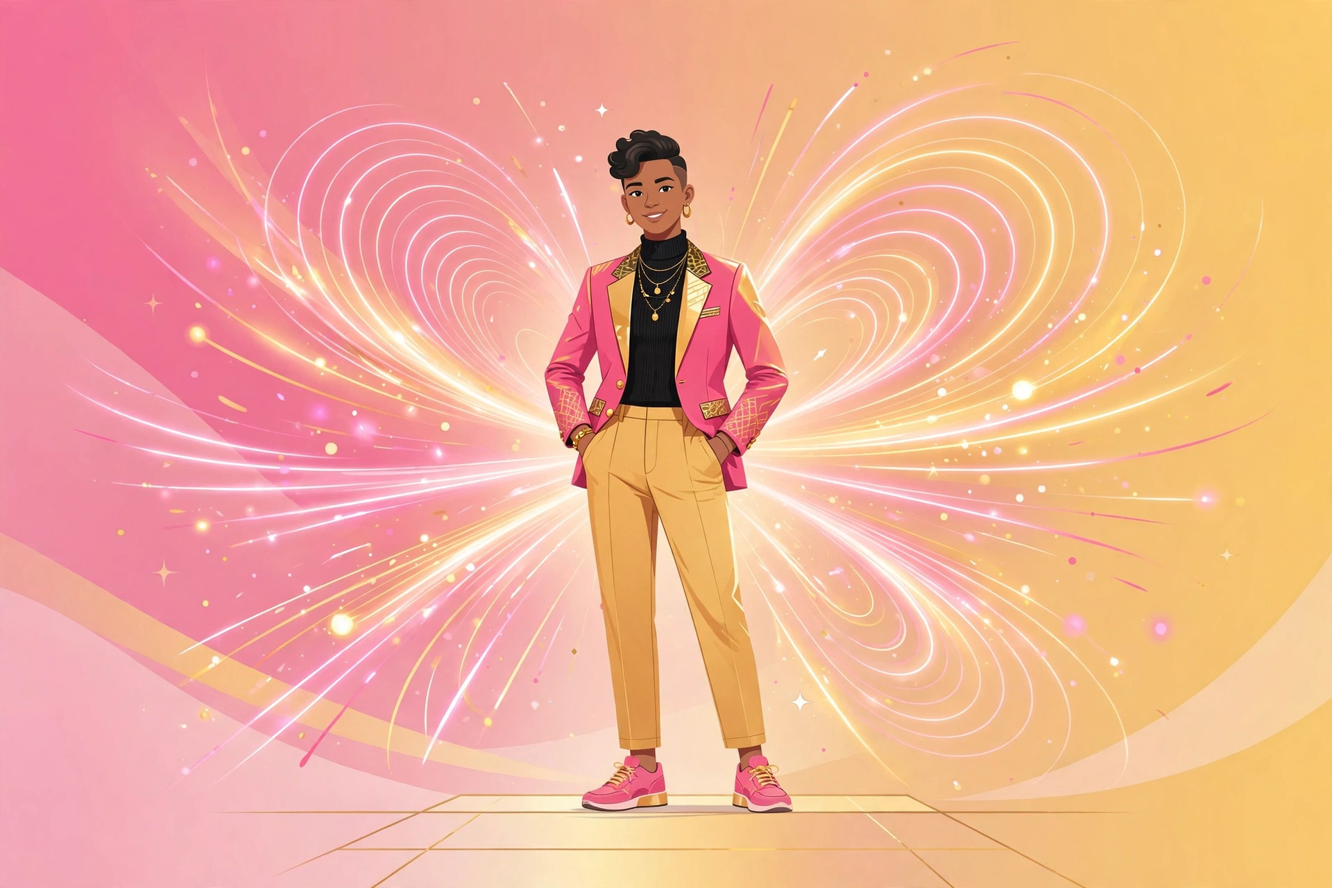 Illustration of a stylish person whose outfit radiates fashion runway energy waves, visualizing the slang it's giving