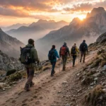 A mountain guide leading a line of hikers up a rocky trail at sunrise, footprints in the dust, photorealistic style.